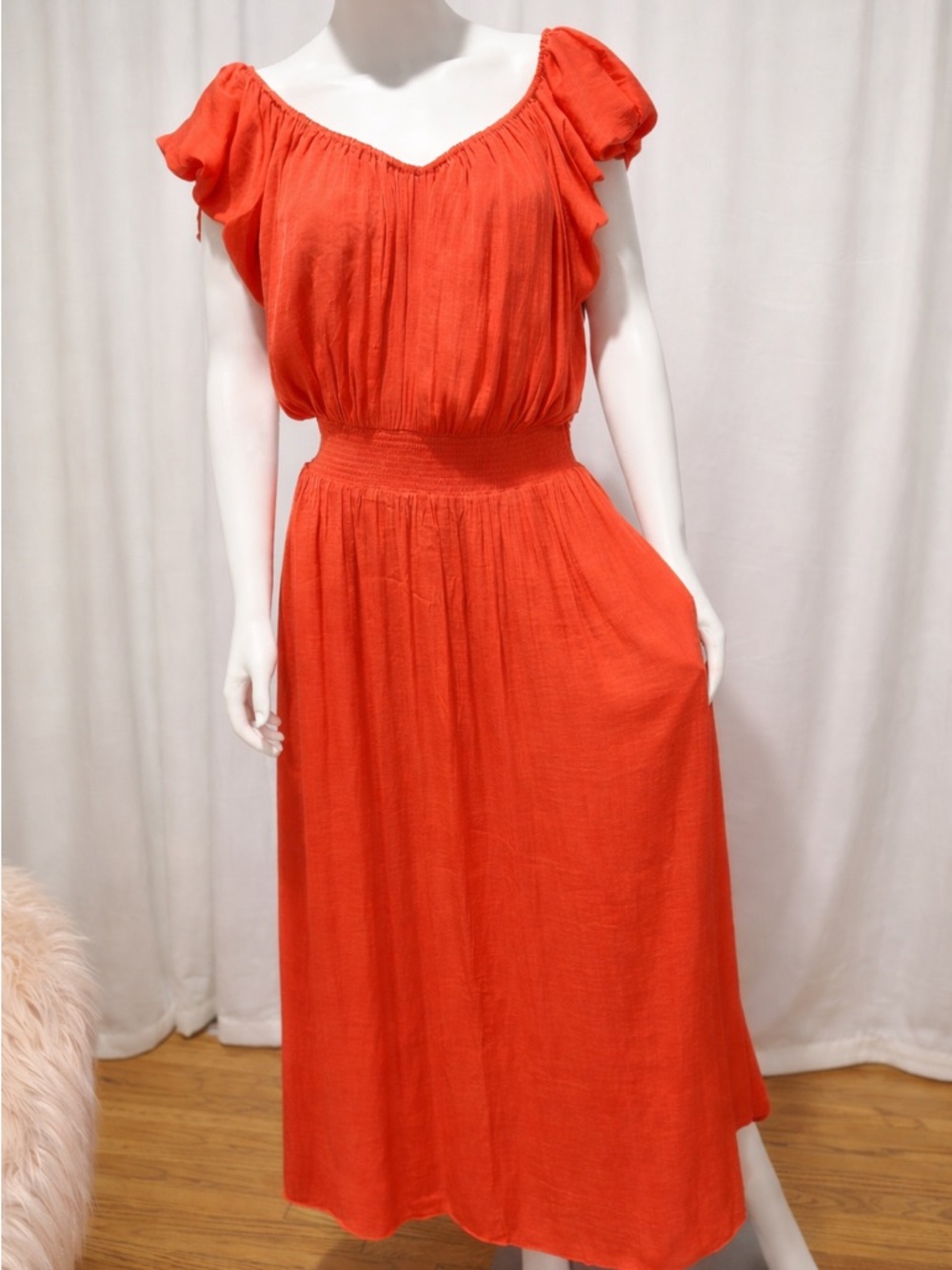 Banana Republic Orange Puff-Sleeve Smocked Waist Midi Dress